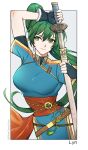  1girl absurdres arm_up black_gloves blue_dress breasts character_name commentary commission cowboy_shot dress english_commentary fingerless_gloves fire_emblem fire_emblem:_the_blazing_blade gloves green_eyes green_hair highres holding holding_sword holding_weapon large_breasts long_hair looking_at_viewer lyn_(fire_emblem) pixiv_commission scabbard sheath silvercandy_gum solo standing sword unsheathing very_long_hair weapon white_background 