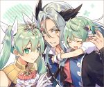  1girl 2boys :d animal_ears ascot bare_shoulders black_jacket black_ribbon blush closed_eyes closed_mouth commentary_request copyright_name diras family father_and_son forked_eyebrows frey_(rune_factory) gloves gold_trim green_eyes green_hair grey_hair grin hair_ribbon horse_boy horse_ears hug hug_from_behind jacket jewelry karisa_(nbsdashi284) long_hair looking_at_another mother_and_son multiple_boys noel_(rune_factory) open_mouth puffy_short_sleeves puffy_sleeves ribbon ring rune_factory rune_factory_4 shirt short_hair short_sleeves sleeveless smile teeth thick_eyebrows tiara twintails upper_body white_ascot white_gloves white_ribbon white_shirt wrist_cuffs yellow_eyes 