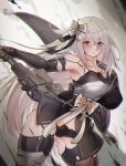  1girl a2_(nier:automata) bare_shoulders black_camisole black_gloves black_kimono black_panties black_thighhighs blue_eyes blush breasts camisole elbow_gloves gloves goddess_of_victory:_nikke greatsword hair_ornament highres japanese_clothes joints kimono large_breasts long_hair long_sleeves looking_at_viewer mole mole_under_mouth nier:automata nier_(series) obi panties robot_joints sarashi sash short_kimono single_bare_shoulder solo sword thighhighs thighs underwear ura_illust weapon white_hair 