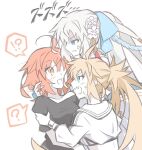  3girls aqua_eyes artoria_caster_(fate) artoria_caster_(swimsuit)_(fate) artoria_pendragon_(fate) black_shirt blonde_hair blue_eyes confused fate/grand_order fate_(series) flower fujimaru_ritsuka_(female) hair_ribbon jealous morgan_le_fay_(fate) multiple_girls orange_hair ouka0270 ribbon shirt swimsuit white_hair yellow_eyes yuri 