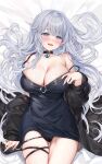  1girl :d absurdres ass_visible_through_thighs bare_shoulders black_choker black_dress black_panties blue_eyes blush breasts choker cleavage collarbone cowboy_shot dress grey_hair hair_ornament highres large_breasts long_hair long_sleeves looking_at_viewer lying machi_(7769) mole mole_on_breast off_shoulder on_back open_mouth original panties skindentation smile solo thigh_strap thighs underwear 