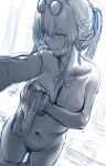  1girl :q bare_shoulders breasts collarbone covering english_commentary eyewear_on_head hews highres holding holding_towel honkai:_star_rail honkai_(series) kafka_(honkai:_star_rail) large_breasts long_hair looking_at_viewer mole mole_on_breast nude nude_cover partially_submerged sketch solo sunglasses tongue tongue_out towel wet 