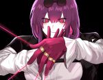  1girl absurdres closed_mouth commentary eyewear_on_head facing_viewer glasses gloves highres honkai:_star_rail honkai_(series) kafka_(honkai:_star_rail) long_sleeves masoq095 purple_eyes purple_gloves purple_hair ringed_eyes shirt smile solo upper_body white_shirt 