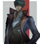  1boy black_suit blue_hair blue_jacket collarbone collared_coat collared_shirt fate/grand_order fate_(series) formal hakoito jacket long_jacket male_focus open_clothes open_jacket saitou_hajime_(fate) sheath sheathed shirt short_hair signature smile suit sword two-tone_background weapon 