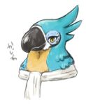  1boy beak bird_boy blue_fur body_fur closed_mouth commentary_request furry furry_male ingi kass looking_at_viewer lowres male_focus portrait rito scarf simple_background sketch solo the_legend_of_zelda the_legend_of_zelda:_breath_of_the_wild translation_request two-tone_fur white_background white_scarf yellow_eyes yellow_fur 