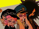  1boy 2girls agent_3_(splatoon_3) aqua_shirt artist_name beard bellhenge big_hair black-framed_eyewear black_hair black_headwear black_robe black_sleeves blonde_hair blue_eyes blue_headwear blue_undershirt cabbie_hat chain_headband character_request check_character clenched_hand closed_mouth collared_shirt colored_sclera commentary english_commentary eyeshadow facial_hair fish frown glasses gold_trim green_eyes grey_background grey_shirt half-closed_eyes hand_on_own_chin hand_on_own_hip hat hat_ornament height_difference inkling inkling_girl jacket jewelry layered_sleeves leather leather_jacket lineup long_hair long_sleeves looking_ahead low_twintails makeup mascara military_hat multiple_girls necklace open_clothes open_mouth open_robe pink_eyes pink_eyeshadow pink_hair purple_sclera robe round_eyewear shirt short_hair short_over_long_sleeves short_sleeves spiked_hair splatoon_(series) splatoon_3 star_(symbol) star_hat_ornament t-shirt tentacle_hair triangle_mouth twintails two-tone_background v-shaped_eyebrows yellow_background yellow_shirt 