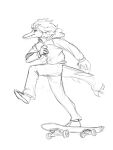  3:4 anthro black_and_white bottomwear clothed clothing fin flukes footwear goodbye_volcano_high hair hi_res jacket leo_(gvh) lidded_eyes liopleurodon male marine monochrome pants plantigrade plesiosaur pliosaur reptile scalie shoes simple_background skateboard skateboarding sketch snoot_game snout solo tail tail_fin teeth topwear unknown_artist 