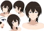  1girl bare_shoulders black_hair breasts clenched_teeth closed_mouth collarbone commentary frown grey_eyes hair_between_eyes hall_onon highres looking_at_viewer open_mouth original reference_sheet short_hair short_messy_bangs smile teeth white_background 