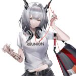  1girl arknights black_bag breasts closed_mouth dragon_girl dragon_horns eugle_na glasses grey_hair hair_between_eyes headphones headphones_around_neck highres holding holding_removed_eyewear horns looking_at_viewer medium_breasts medium_hair orange_eyes shirt short_sleeves simple_background solo talulah_(arknights) unworn_eyewear white_background white_shirt 