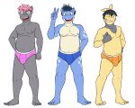  anthro anthrofied blue_briefs blue_clothing blue_underwear briefs briefs_only bulge clothed clothing full-length_portrait fuze generation_3_pokemon gesture group hi_res makuhita male navel nintendo nipples orange_briefs orange_clothing orange_underwear pink_briefs pink_clothing pink_underwear pokemon pokemon_(species) pokemorph portrait simple_background slightly_chubby spheal spoink topless trio underwear underwear_only v_sign white_background 