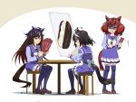  3girls animal_ears arrow_(symbol) black_hair blue_eyes bow breasts brown_background brown_footwear brown_hair card closed_mouth commentary_request duramente_(umamusume) gradient_hair hair_ornament hairclip highres holding holding_card horse_ears horse_girl horse_tail kitasan_black_(umamusume) loafers long_hair medium_breasts multicolored_hair multiple_girls nice_nature_(umamusume) pleated_skirt profile purple_shirt purple_skirt purple_thighhighs red_eyes school_uniform shaded_face shadow shirt shoes sitting skirt streaked_hair sweat table tail thighhighs tonbi tracen_school_uniform translation_request turn_pale twintails two-tone_background two_side_up umamusume v-shaped_eyebrows very_long_hair white_background white_bow white_hair 
