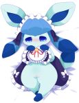  absurd_res blue_body blue_eyes blush bottomless clothed clothing eeveelution female feral generation_4_pokemon genitals glaceon hi_res looking_at_viewer misumasu nintendo pokemon pokemon_(species) pokemon_unite pussy simple_background solo sumichisuu tea_party_style_glaceon 