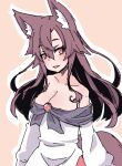  1girl :d animal_ear_fluff animal_ears bare_shoulders breasts brown_background brown_hair cleavage dress highres imaizumi_kagerou kuro-ekaki long_hair looking_at_viewer off-shoulder_dress off_shoulder open_mouth outline red_eyes smile solo tail touhou white_dress white_outline wolf_ears wolf_girl wolf_tail 