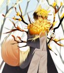  1boy animal_ears bare_tree black_hair branch coat covering_mouth e.g.o_(project_moon) folding_fan forest fox_ears fox_tail grey_coat hand_fan hi_i_dubu highres holding holding_branch holding_fan jacket limbus_company nature pants project_moon snow solo tail tree white_jacket white_pants yellow_eyes yi-sang_(limbus_company) 