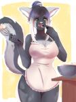  2021 anthro apron bizamoru bowl canid canine canis clothing container cream_(food) digital_drawing_(artwork) digital_media_(artwork) female finger_in_mouth fluffy fluffy_tail fur green_eyes grey_body grey_fur hair hi_res licking mammal ribbon_(bowhuskers) simple_background solo tail tongue tongue_out wolf 