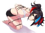  1girl absurdres arms_behind_back artist_request barefoot bdsm blue_hair bondage bound brown_hair cable_tie check_artist chimu_xingcheng commission fate/grand_order fate_(series) grin highres leaning_forward looking_at_viewer multicolored_hair red_hair reverse_prayer sei_shounagon_(fate) sei_shounagon_(swimsuit_berserker)_(fate) skindentation smile thumbcuffs toecuffs white_background yellow_eyes 