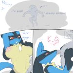  blue_body blue_fur bodily_fluids breasts comic dominant dominant_female duo erection faceless_character faceless_male fellatio female fur generation_4_pokemon genital_fluids genitals hi_res human interspecies lucario male male/female mammal nintendo oral penile pokemon pokemon_(species) red_eyes sex taller_female text xaren1234 