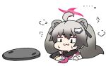  1girl ahoge animal_ear_fluff animal_ears black_hair blue_archive chibi closed_mouth gradient_hair grey_hair halo long_hair long_sleeves lowres manhole_cover michiru_(blue_archive) multicolored_hair nyaru_(nyaru_4126) raccoon_ears raccoon_hair_ornament shirt short_eyebrows simple_background solo stuck sweat thick_eyebrows translation_request twintails very_long_hair white_background white_shirt 