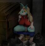  3d_(artwork) accessory alley anthro bbdworks big_breasts bite blonde_hair blue_eyes blush bodily_fluids bottomwear bottomwear_down box breasts canid canine clothed clothing colored_nails container crouching digital_media_(artwork) dress_shirt dumpster female finger_bite finger_in_mouth footwear fox fur genital_fluids genitals green_body green_fur hair hair_accessory hairband hi_res hiding hiding_behind_object ippan_josei looking_aside low_light mammal my_hero_academia nails nipple_outline outside pants pants_down partially_clothed peeing peeing_on_ground peeing_outside purple_fingernails pussy quirked_human_(my_hero_academia) self_bite shirt shoes shy solo thick_thighs topwear trash trash_bag unknown_species urine urine_pool 