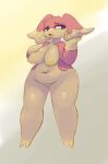  2023 absurd_res anthro areola artesjsc audino belly big_breasts blue_eyes breasts dayan_(artesjsc) female game_freak generation_5_pokemon genitals hi_res nintendo nipples open_mouth pokemon pokemon_(species) pussy smug solo thick_thighs wide_hips yellow_areola yellow_nipples 