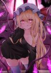  1girl :q absurdres alternate_hair_length alternate_hairstyle arm_support bent_over black_shirt blonde_hair blurry blurry_background blurry_foreground blush breasts cleavage collarbone commentary_request crystal ekidona flandre_scarlet full_moon grey_thighhighs hair_between_eyes hand_on_own_cheek hand_on_own_face hat hat_ribbon highres kneeling leaning_forward long_hair looking_at_viewer medium_breasts mob_cap moon no_pants off-shoulder_shirt off_shoulder one_side_up pink_moon raised_eyebrows red_eyes red_ribbon ribbon shirt skindentation solo thighhighs tongue tongue_out touhou very_long_hair white_headwear window wings 