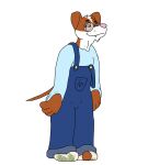  2023 anthro blue_bottomwear blue_clothing blue_overalls blue_shirt blue_topwear bottomwear brown_body brown_ears brown_fur brown_tail canid canine canis clothed clothing dan_beou_(pupsnbuns) digital_media_(artwork) dirty_socks domestic_dog eyewear fangs footwear fur glasses hair half-closed_eyes hi_res male mammal narrowed_eyes overalls pink_nose pupsnbuns sharp_teeth shirt shoeless smile socks solo standing tail teeth three-quarter_view topwear white_body white_clothing white_fur white_hair 