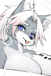  anthro black_nose bodily_fluids breasts canid canine canis cheek_tuft chest_tuft claws digital_media_(artwork) facial_tuft female female_anthro fingers fur grey_body grey_fur hair hand_on_breast hi_res inner_ear_fluff kemono long_hair looking_at_viewer mammal nipples okami_bark ookamiwaho pink_tongue purple_eyes simple_background solo steam sweat tongue tongue_out tuft water wet white_body white_fur white_hair wolf 