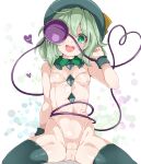  1girl breasts bright_pupils collar commentary_request covered_navel detached_collar floral_print frilled_collar frills green_collar green_eyes green_hair green_headwear green_thighhighs groin hand_up hat hat_ribbon heart heart_of_string highres huyusilver komeiji_koishi leotard looking_at_viewer medium_hair one_eye_covered open_mouth ribbon see-through see-through_leotard short_hair simple_background sitting small_breasts smile solo spread_legs teeth thighhighs third_eye touhou upper_teeth_only wavy_hair white_background wristband yellow_ribbon 