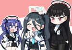  3girls ^_^ absurdly_long_hair aris_(blue_archive) black_hair black_vest blue_archive blue_necktie chibi closed_eyes halo headpat id_card jacket long_hair mechanical_halo multiple_girls necktie no_mouth off_shoulder one_side_up open_clothes open_jacket pantyhose purple_eyes purple_hair rio_(blue_archive) school_uniform smile sweat thershr6s twintails very_long_hair vest yuuka_(blue_archive) 