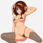  absurdres arm_up ass bikini blush breasts brown_hair cleavage collarbone covered_nipples curvy hair_ribbon highres light_frown long_bangs looking_at_viewer micro_bikini navel open_mouth rahime ribbon signature simple_background sitting spread_legs stomach suzumiya_haruhi suzumiya_haruhi_no_yuuutsu sweat swimsuit thighhighs thighs wet white_background yellow_eyes yellow_ribbon 