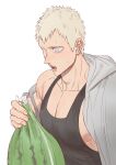  1boy bara black_tank_top from_side highres holding hot jacket laian_(one_punch_man) large_pectorals male_focus muscular muscular_male one-punch_man open_clothes open_jacket pectoral_cleavage pectorals short_hair sidepec solo stvdm sweat tank_top upper_body 