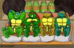  2011 angry anthro armband bandage bandanna blue_armband blue_bandanna blue_kerchief blue_legband copyright_symbol crossed_arms donatello_(tmnt) feet green_body green_scales group hands_behind_back inside kerchief leonardo_(tmnt) male michelangelo_(tmnt) orange_armband orange_bandanna orange_kerchief orange_legband pillow purple_armband purple_bandanna purple_kerchief purple_legband raphael_(tmnt) red_armband red_bandanna red_kerchief red_legband rthur scales sheepish_smile signature sitting smile symbol teenage_mutant_ninja_turtles website_url wounded yellow_body yellow_scales 