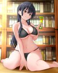  1girl absurdres arm_between_legs barefoot bikini black_bikini black_hair blush boku_no_kokoro_no_yabai_yatsu book bookshelf breasts brown_eyes cleavage closed_mouth collarbone commentary_request feet food gibun_(sozoshu) hair_between_eyes highres holding holding_food large_breasts long_hair navel on_floor shelf sidelocks sitting smile solo swimsuit toes underwear wariza yamada_anna 