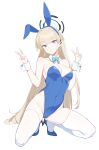  1girl absurdres animal_ears blonde_hair blue_archive blue_eyes blue_leotard bow bowtie breasts detached_collar double_v fake_animal_ears halo highres leotard long_hair looking_at_viewer medium_breasts official_alternate_costume playboy_bunny rabbit_ears solo sonoda_345 squatting strapless strapless_leotard thighhighs toki_(blue_archive) toki_(bunny)_(blue_archive) v very_long_hair white_background white_thighhighs wrist_cuffs 