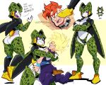  1girl 2boys :d android_16 ass bare_shoulders breasts brown_footwear cell_(dragon_ball) cleavage closed_mouth collarbone colored_skin dragon_ball dragon_ball_z english_text fangs foot_on_another&#039;s_face genderswap genderswap_(mtf) green_skin grin highres hug mohawk multiple_boys navel orange_hair perfect_cell scott_malin short_hair smile son_gohan spiked_hair super_saiyan super_saiyan_1 teeth tongue upper_teeth_only white_background white_skin wings yellow_background 
