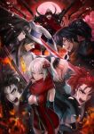  4boys 4girls back-to-back black_hair breasts character_request cleavage fate/grand_order fate_(series) gun hair_ornament headpiece highres holding holding_sword holding_weapon katana koha-ace long_hair medium_breasts moon multiple_boys multiple_girls oda_nobunaga_(fate) okada_izou_(fate) okita_souji_(fate) okita_souji_alter_(fate) open_mouth red_hair red_moon red_scarf sanshi_(sannshi_34) scarf shouting sword tongue tongue_out weapon white_hair white_headwear yellow_eyes 