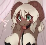  anthro bdsm bedroom big_eyes blush bovid caprine collar female frazy frazyart goat horn intimate leash mammal shy solo sticker submissive tongue tongue_out 