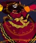  anthro clothing cryptid_queen dancing day_of_the_dead dress female festival flamenco lamp lantern latex lilith_(cryptid_queen) marigold_(flower) mask night red_clothing red_dress ribbons skull_mask skulldog_(species) solo star 