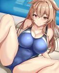  1girl bare_legs blue_one-piece_swimsuit blush breasts brown_eyes brown_hair cameltoe cleavage closed_mouth collarbone commentary competition_swimsuit covered_navel hair_between_eyes highres kantai_collection large_breasts long_hair looking_at_viewer montemasa murasame_(kancolle) one-piece_swimsuit pool poolside sidelocks sitting smile solo spread_legs swimsuit thighs very_long_hair 