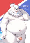  2023 absurd_res anthro balls belly big_belly black_nose blush canid canine canis domestic_dog fur genitals hi_res humanoid_hands kemono lifewonders live_a_hero male mammal moobs nipples njmhie9ndl6mgwa overweight overweight_male penis simple_background solo white_body white_fur yohack 