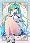  1girl absurdres aqua_dress aqua_eyes aqua_hair aqua_nails bare_shoulders blue_flower blue_hair breasts closed_mouth commentary_request convenient_leg detached_sleeves dress feet floral_print flower frilled_dress frills full_body gradient_hair green_footwear hair_flower hair_ornament hand_up hatsune_miku highres holding holding_flower knees_up legs long_hair looking_at_viewer mamo_(fortune-mm) medium_breasts multicolored_hair nail_polish sandals smile solo thighs toenail_polish toenails toes twintails very_long_hair vocaloid yellow_flower 