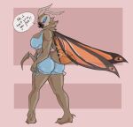  anthro arthropod butt_outline clothed clothing dialogue facesitting_request female hi_res insect kaiju lepidopteran moth mothra mothra_(series) solo spicepumpkinlou toho two_piece 