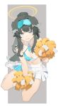  1girl animal_ears b_zhan_cm_yang bare_shoulders black_hair blue_archive blue_eyes blush breasts cheerleader crop_top dog_ears dog_girl dog_tail eyewear_on_head goggles goggles_on_head halo hibiki_(blue_archive) hibiki_(cheer_squad)_(blue_archive) highres holding holding_pom_poms long_hair midriff millennium_cheerleader_outfit_(blue_archive) miniskirt navel official_alternate_costume pom_pom_(cheerleading) simple_background sitting skirt sleeveless solo tail wavy_mouth white_skirt yellow_halo 
