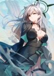  1girl absurdres animal_ear_fluff animal_ears black_dress blue_archive blurry breasts broken_halo choker clothing_cutout dark_halo depth_of_field dress extra_ears grey_hair hair_ornament halo highres large_breasts long_hair long_sleeves marse_(rokudaime) shiroko_(blue_archive) shiroko_(terror)_(blue_archive) solo thigh_strap wolf_ears 