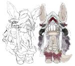  1other animal_ears bandaged_arm bandages blunt_bangs closed_mouth helmet highres looking_at_viewer made_in_abyss multiple_views nanachi_(made_in_abyss) one_eye_closed other_focus simple_background tail whiskers white_background white_hair x3tamago 