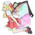  1girl ascot blonde_hair bobby_socks bow closed_mouth collared_shirt crystal flandre_scarlet frilled_shirt_collar frilled_vest frills from_side full_body hat hat_bow highres ikura_wataru light_smile medium_hair mob_cap multicolored_wings one_side_up puffy_short_sleeves puffy_sleeves red_bow red_eyes red_skirt red_vest shirt shoes short_sleeves skirt socks solo touhou transparent_background vest white_headwear white_shirt white_socks wings yellow_ascot 