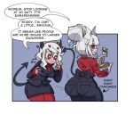  &lt;3 &lt;3_eyes big_butt breasts butt clothing comic demon demon_humanoid dialogue dotodonoto duo female food hair helltaker hi_res horn horned_humanoid humanoid lucifer_(helltaker) modeus_(helltaker) pancake pointed_tail red_eyes speech_bubble text thick_thighs weight_gain white_hair 