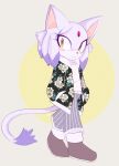  1girl animal_ears blaze_the_cat blush brown_footwear cat_ears cat_girl cat_tail eyelashes floral_print forehead_jewel furry furry_female grey_pants hands_in_pockets highres looking_at_viewer minwabu pants purple_fur simple_background sonic_(series) sweater tail yellow_eyes 