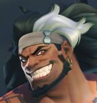  1boy bara black_hair chest_tattoo dark-skinned_male dark_skin earrings full_beard grin headband jewelry looking_at_viewer male_focus mature_male mauga_(overwatch) muscular muscular_male nude overwatch overwatch_2 portrait shizhen36 sideburns smile solo tattoo thick_eyebrows v-shaped_eyebrows 