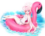  afloat alternate_costume bare_legs barefoot blue_archive breasts choker collarbone heterochromia highres hoshino_(blue_archive) innertube j.j_(66752902) leaning_back ocean one-piece_swimsuit outdoors pink_hair scrunchie sitting small_breasts spaghetti_strap stuffed_flamingo sunlight swimsuit thighlet toes white_choker white_one-piece_swimsuit wrist_scrunchie 